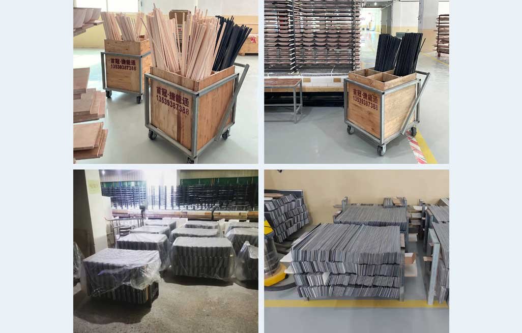 Crates and metal racks used for organized storage and safe handling of kiln furniture components