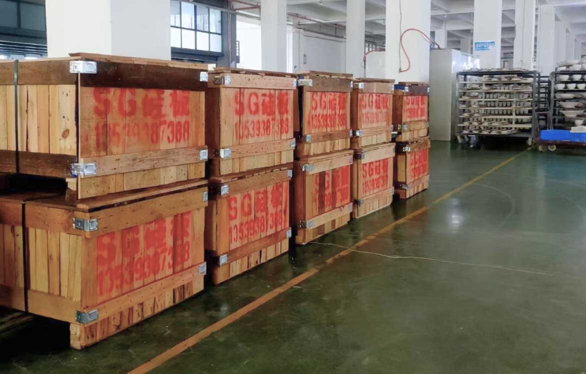 Kiln furniture delivered to customer site and stored in crates with packaging intact