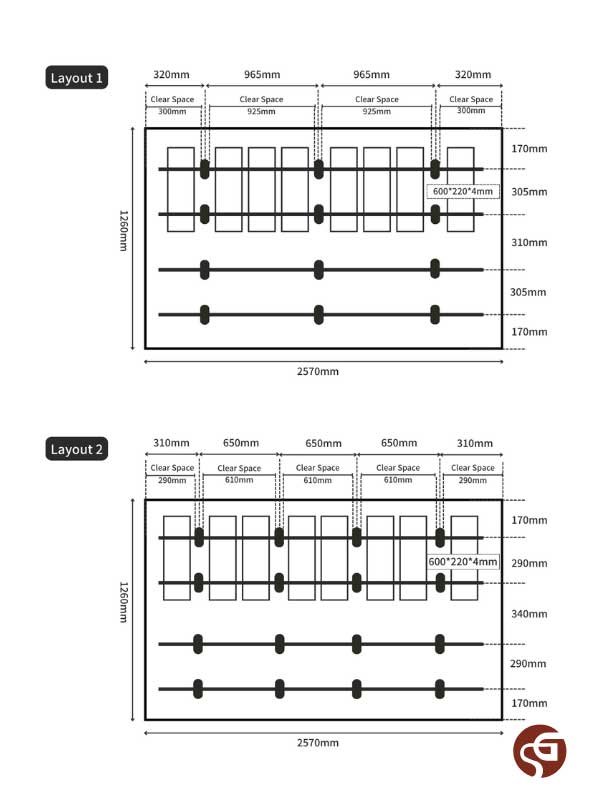Two kiln furniture setting layout sketches prepared for a customer, showing dimensions, clear spacing, and support point positions.