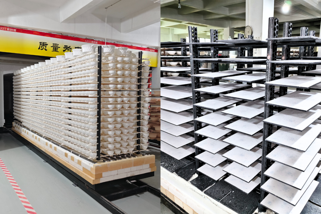 Post-and-beam kiln furniture layout showing SiC posts and beams, with two views: rack loaded with kiln shelves and frame-only structure.