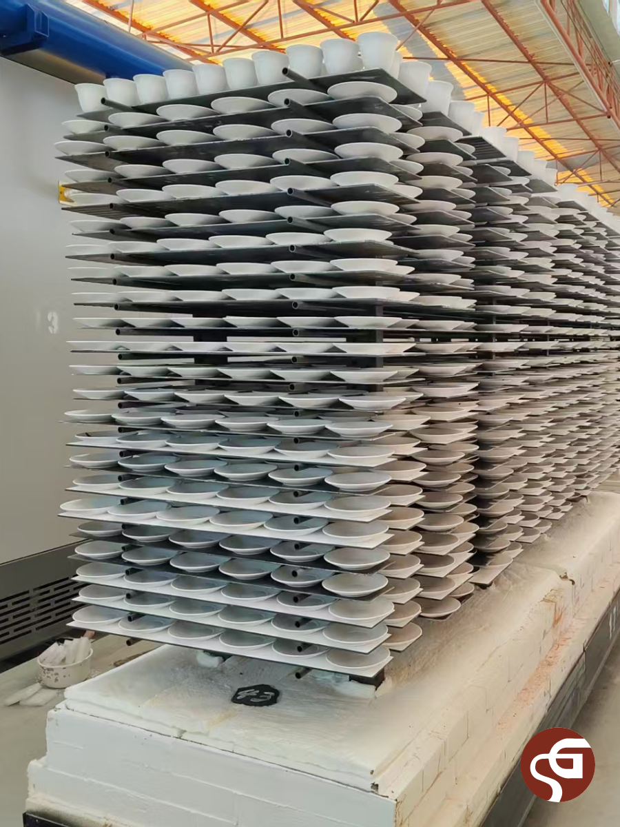 In-use case showing kiln shelves on a post-and-beam structure supporting ceramic firing